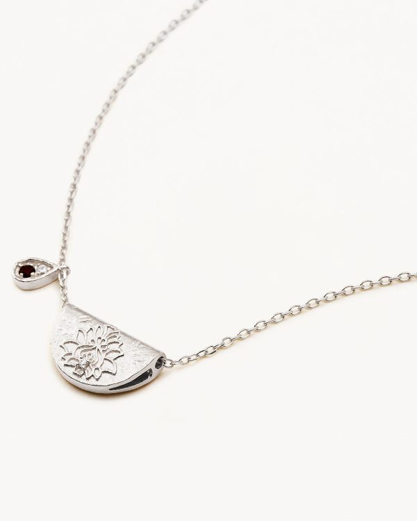 Sterling Silver Lotus Birthstone Necklace - January - Garnet on Sale