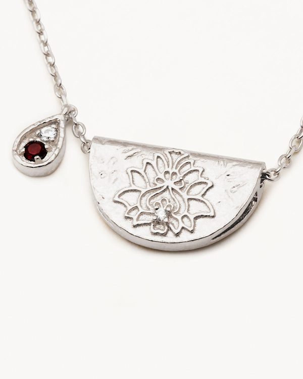 Sterling Silver Lotus Birthstone Necklace - January - Garnet on Sale