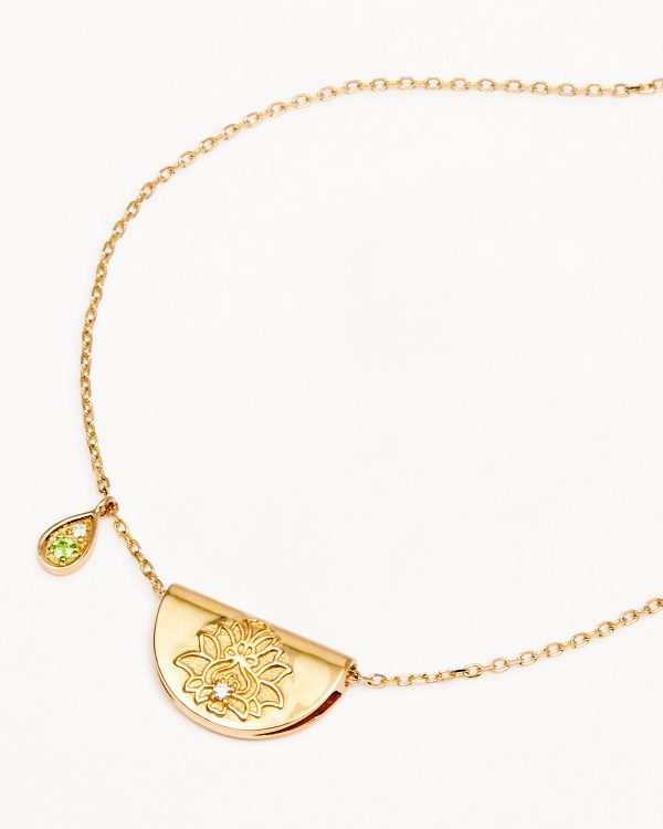 14k Solid Gold Lotus Birthstone Diamond Necklace - August - Peridot Discount